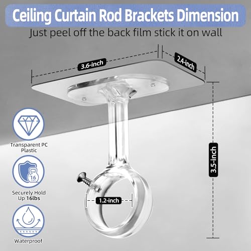 No-Drill Adjustable Curtain Rod Brackets, Heavy Duty Adhesive Hooks 6-Pack