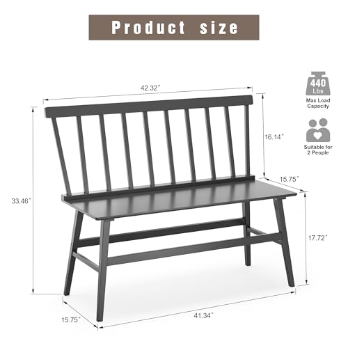 Farmhouse Spindle Back Dining Bench - Durable Black Rubber Wood Seating