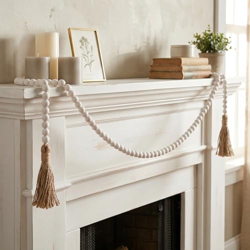 Rustic Wood Bead Garland with Tassels - 1.5m Boho Farmhouse Decor