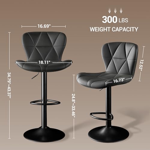 LaughLoft Set of 2 Black Adjustable Faux Leather Bar Stools - Swivel & Height-Adjustable Kitchen Island Seating