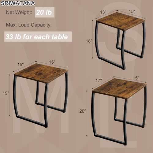 3-Piece Nesting End Table Set, Rustic Wood and Metal Stacking Tables