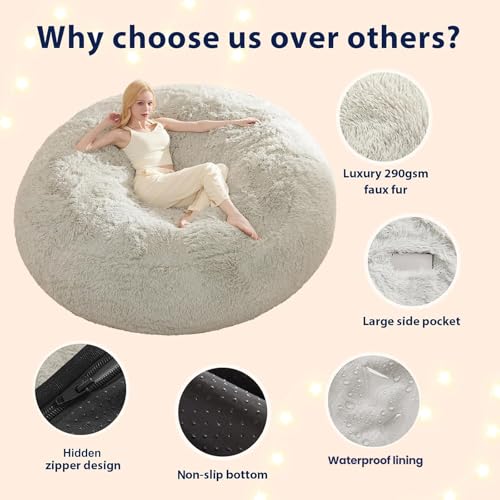 5FT Faux Fur Bean Bag Chair Cover - Waterproof Storage Beanbag for Adults