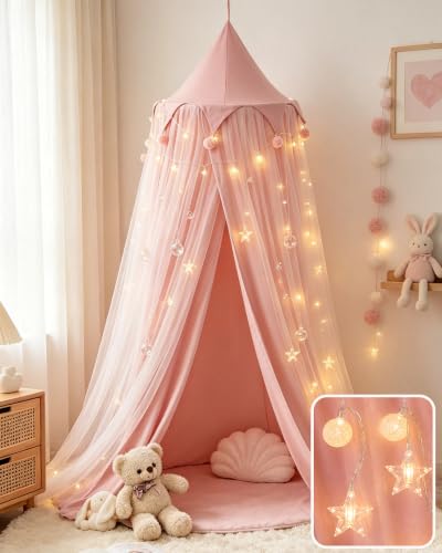 Princess Bed Canopy with Star Lights - Breathable Double Layer Drape for Girls