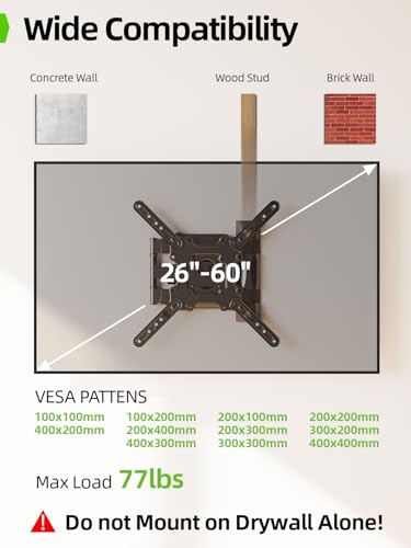 Full Motion TV Wall Mount Bracket for 26 to 60 Inch TVs, Swivel & Tilt