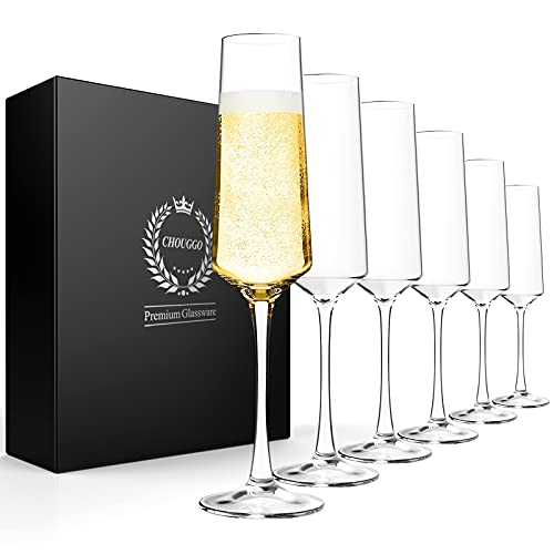 Set of 6 Hand Blown Crystal Champagne Flutes - 8oz Elegant Stemware Gift