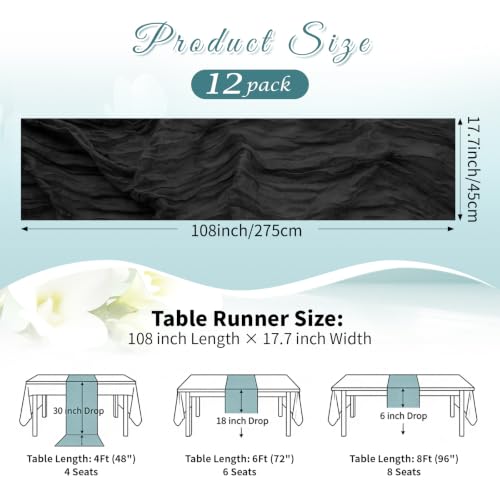 Black Boho Cheesecloth Table Runner 12 Pack 17x108 Inches - Elegant Sheer Gauze for Weddings & Events