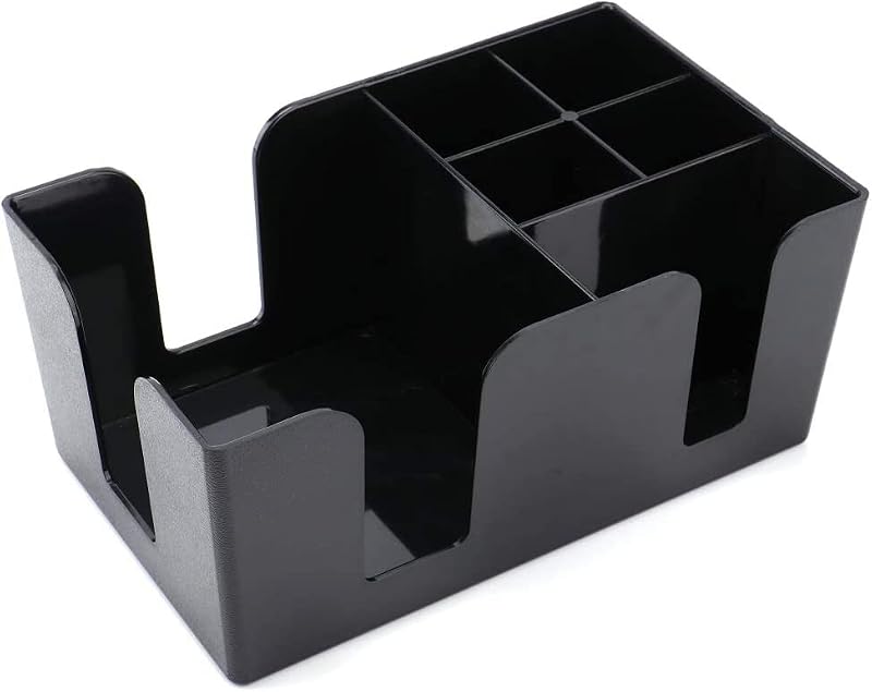 Tebery Black Plastic Bar Caddy 3 Pack with 6 Compartments - Refillable Organizer for Napkins, Straws, Utensils, Model Black-3