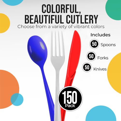 Red White Blue Patriotic Plastic Silverware Set 150 Pcs - Disposable Cutlery