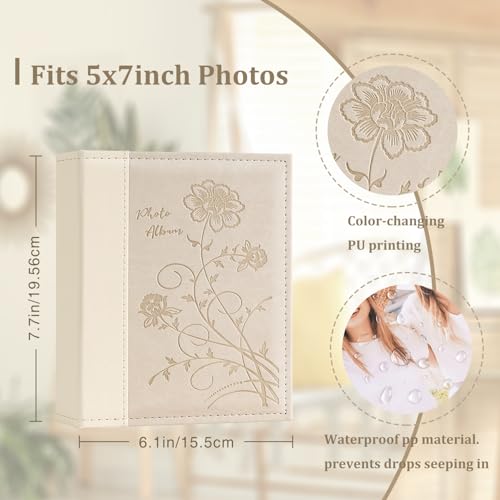 5x7 Photo Album with Leather Cover, Holds 50 Vertical Photos, Beige