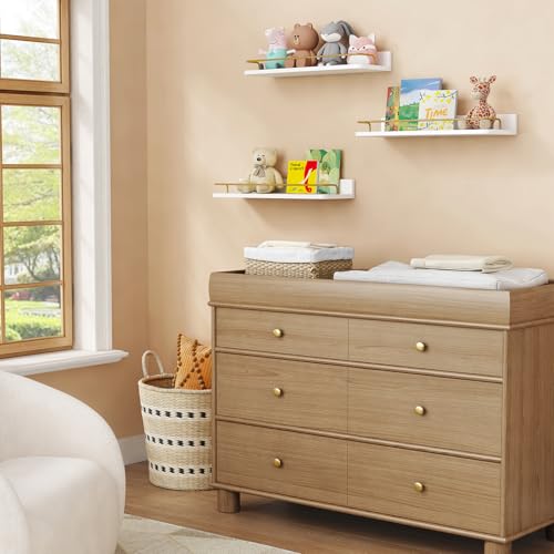 Floating Wall Shelves Set of 3 White and Gold with Guard Rail