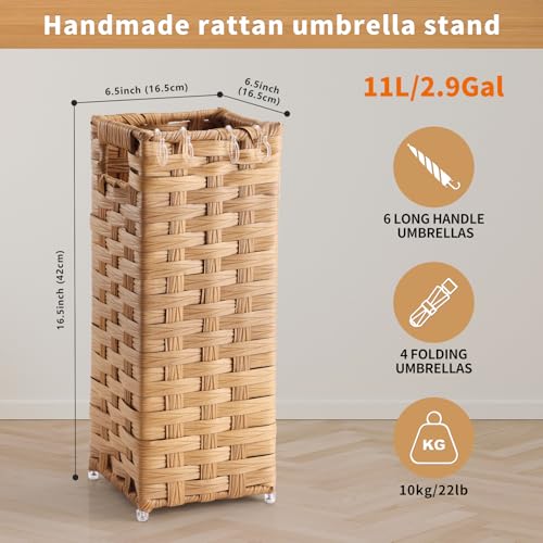 Hand-Woven Rattan Umbrella Stand with Drip Tray and Hooks, 16.5-inch