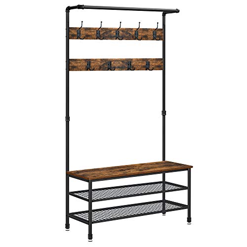 Industrial Hall Tree with Bench, 9 Hooks and 2 Shoe Storage Shelves