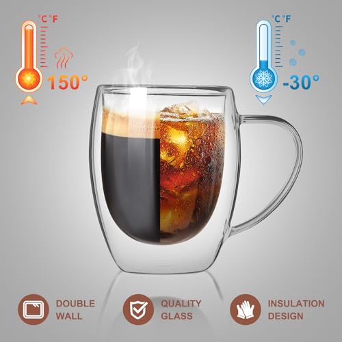 FrutPunch Double Walled Glass Coffee Mugs Set of 2, 12 oz - Heat-Resistant Borosilicate