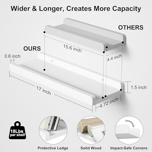 17-Inch Floating Wall Shelves with Protective Ledge, Set of 2, White