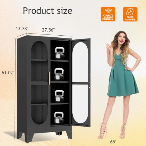 61-Inch Tall Metal Curio Cabinet with Glass Doors and Locking Storage