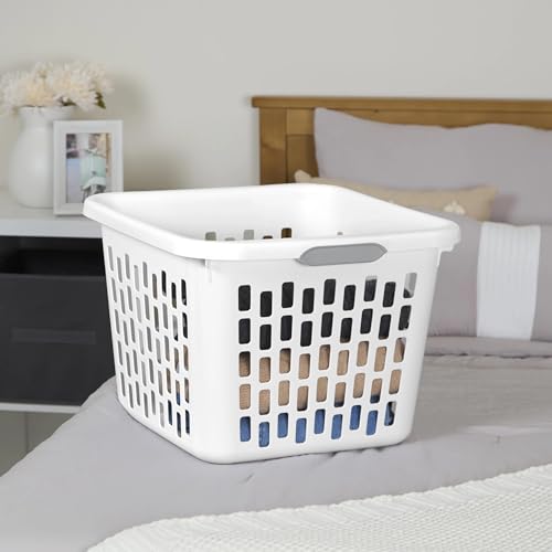 1.5 Bushel Square Plastic Laundry Basket with Comfort Grip Handles, White