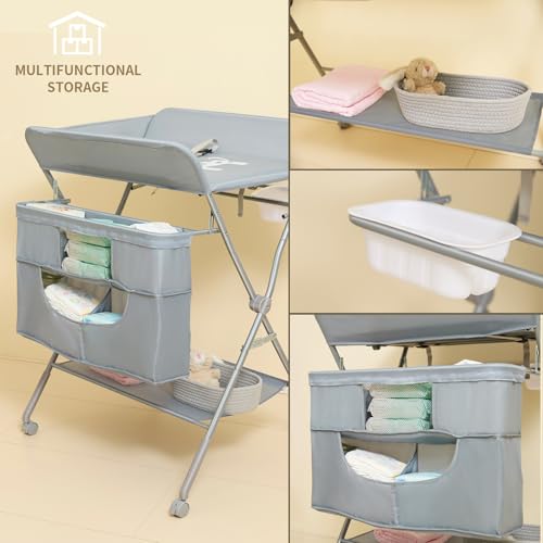 Foldable Baby Changing Table with Wheels, 4-Level Adjustable Height Station