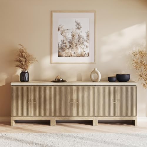 Modern Fluted Sideboard Buffet Cabinet with Travertine-Look Top