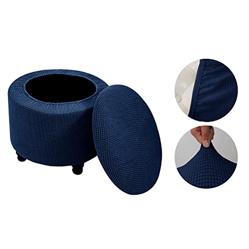2-Piece Stretch Ottoman Cover with Storage - Removable & Washable Protector (Navy Blue)