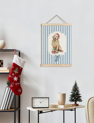 GDJIEGBC Funny Christmas Golden Retriever Wall Art Decor - Blue Stripes, 12x16 Inches, Variation 3