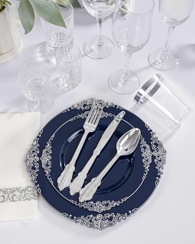 Blue and Silver Disposable Plates Set for Graduation - 350 pcs, Baroque Style, 50 Guests