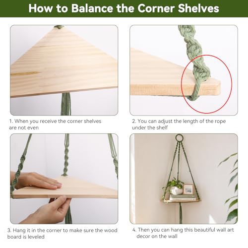Macrame Corner Wall Shelf, Adjustable Boho Wood Floating Shelf for Plants
