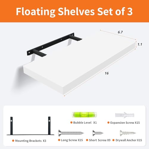 White Floating Shelves - 16-Inch Wall Mounted Display Shelves, Set of 3