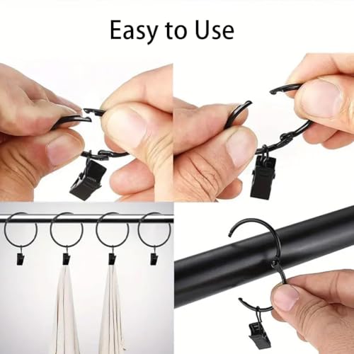 3-Inch Openable Metal Curtain Rings with Clips, 12 Pack, Black
