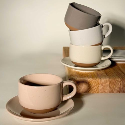 MORA Assorted Neutrals 8oz Ceramic Cappuccino Mug Set of 4 with Saucers – Microwave & Dishwasher Safe Coffee & Tea Cups