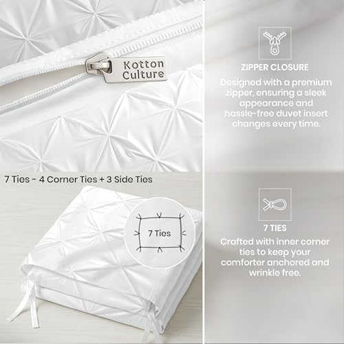 Queen Size Pinch Pleated Duvet Cover - 100% Egyptian Cotton, 600 Thread Count, Zipper Closure, 90" x 90" (White)