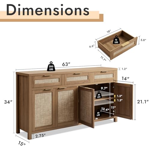 63-inch Rattan Sideboard Buffet Cabinet with 4 Doors and 3 Drawers