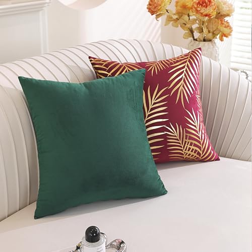 TAOSON 2 Pack Wine Red Velvet Pillow Covers 18x18 with Gold Leaves