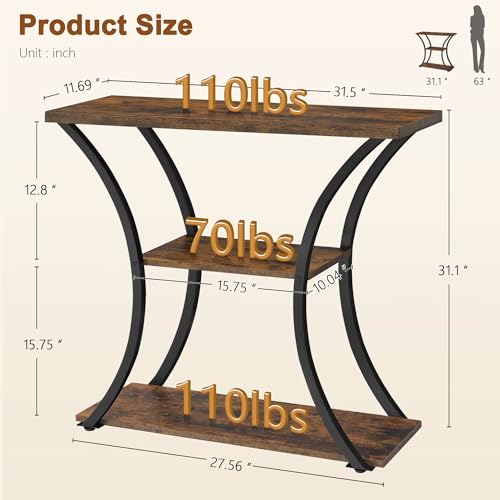 3-Tier Narrow Console Table, Rustic Wood Entryway Sofa Table with Metal Frame