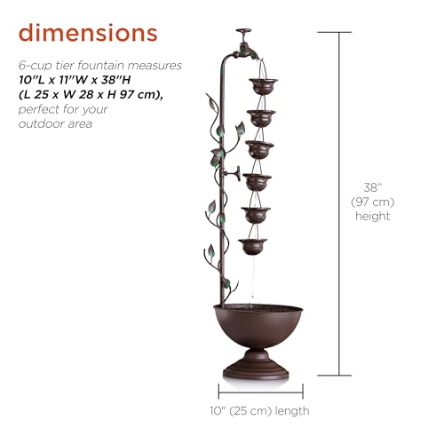 38-Inch Tiered Outdoor Floor Water Fountain - Vintage Bronze 6-Cup Waterfall