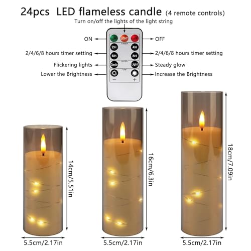 Aamdkcyu 24-String Gray Flameless Candles with Remote Control & Star Lights - Model 24String-Grey