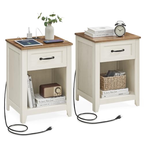 Farmhouse Nightstands with Charging Station, Set of 2 Bedside Tables