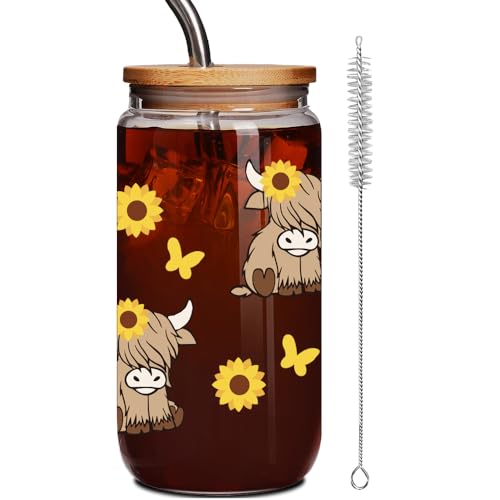 Highland Cow Glass Mug with Lid & Straw - 16 oz Coffee Tea Cup Gift for Women