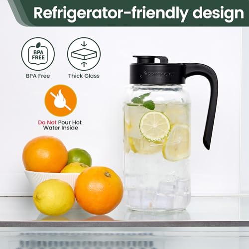 64 oz Glass Mason Jar Pitcher with Flip Lid & Handle - 2 Quart Pitcher