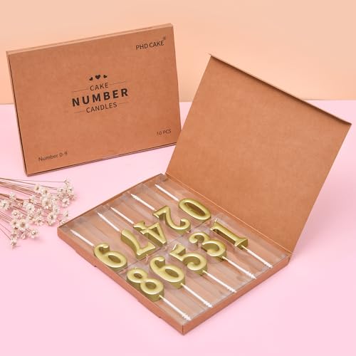 Gold Number Birthday Candles Set - 10 Pieces 0-9 Glitter Cake Toppers