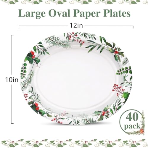 Christmas Flower Oval Paper Plates 12x10 inch Heavy Duty Holiday Party Supplies