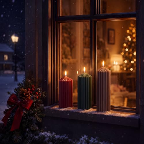 Mtlee 3-Pack Christmas Ribbed Pillar Candles - Burgundy, Forest Green, Brown (Christmas Vintage)