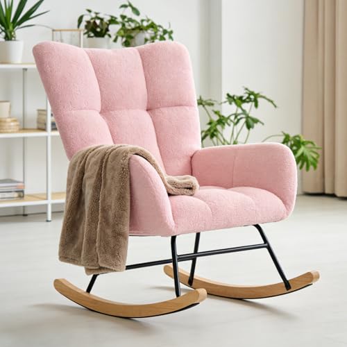 Teddy Upholstered Nursery Rocking Chair - High Back Glider Rocker, Pink