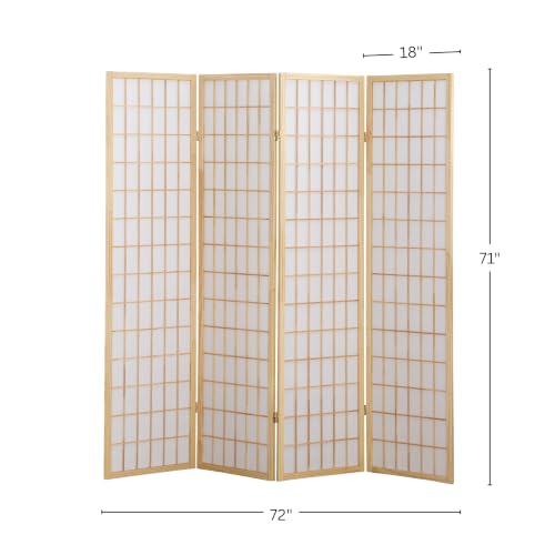 4-Panel Shoji Room Divider, Natural Wood Japanese Privacy Screen 71-Inch