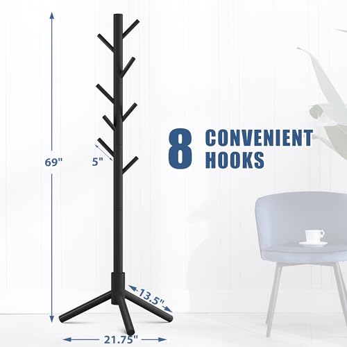 Adjustable Wooden Coat Rack Stand with 8 Hooks, Freestanding Pine Tree
