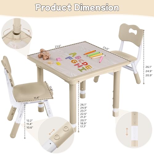 GITAWUSA Toddler Height Adjustable Table and 2 Chairs Set 23.6x23.6 Natural