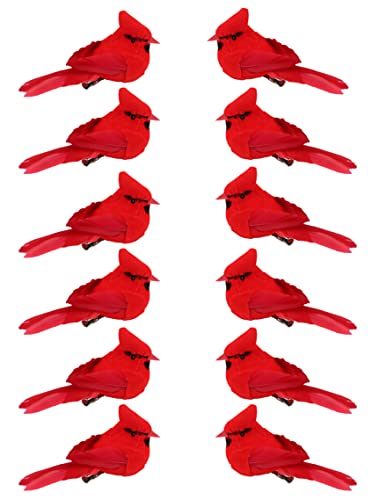 12 Pcs Artificial Cardinal Birds Christmas Ornaments for Wreaths & Crafts, Red Velvet & Feathers