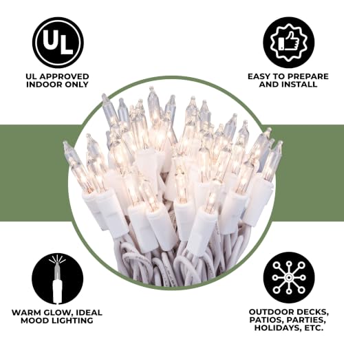 612 Vermont 100 Clear Mini Incandescent Christmas Lights on White Wire, 18 ft