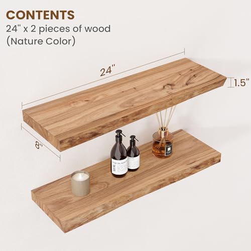 Rustic Live Edge Floating Shelves - Solid Elm Wood Wall Shelves (24 Inch, Set of 2)