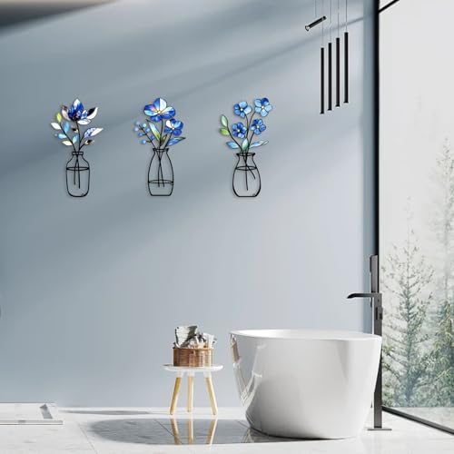 3-Piece Metal Vase Wall Art Set, Rustic Blue Iron Floral Wall Decor