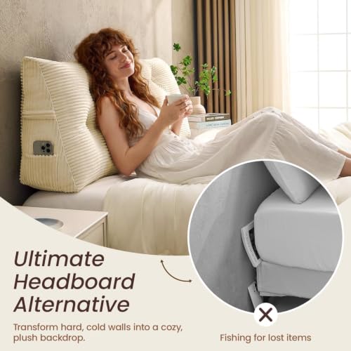 Queen Headboard Pillow with Side Pockets - Ergonomic Wedge Support
